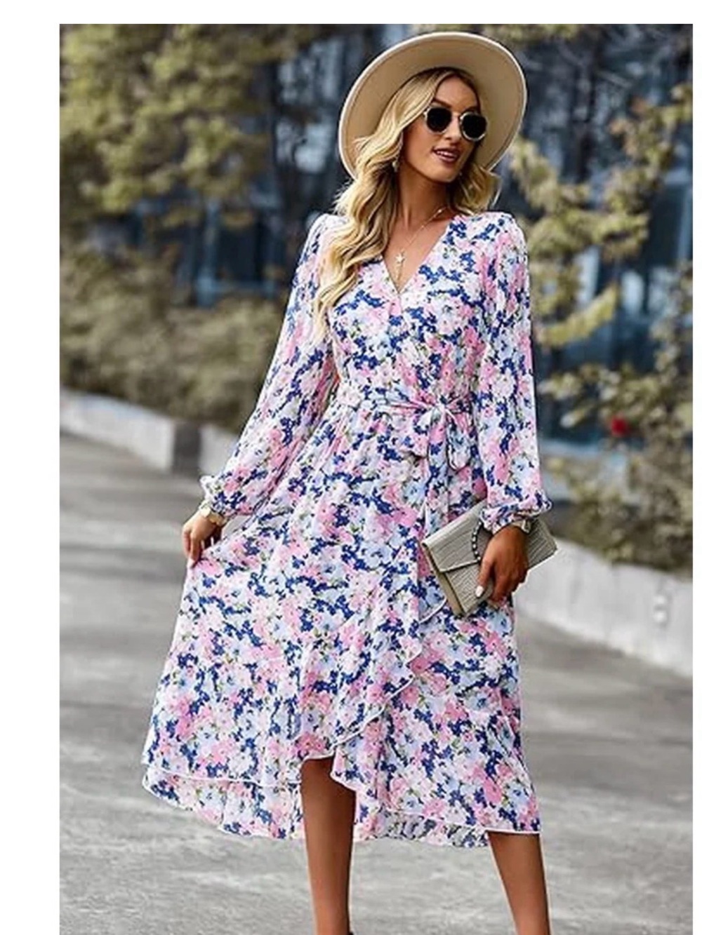 Pink and Blue Floral High-Low Wrap Dress with Tie Waist
